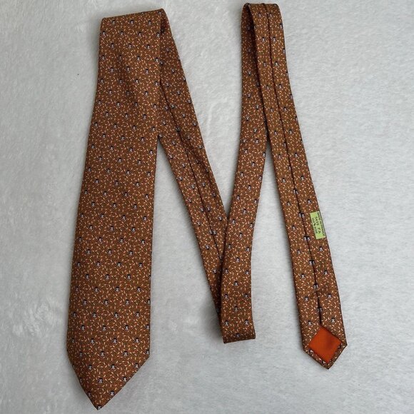 100% REAL HERMES TIE ~ ORANGE w FUN MONKEY APES HIDING IN THE BUSH TREES XL - Picture 3 of 6